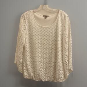 Roz & Ali Womens Lace Overlay Top Sz Medium Winter White 3/4 Bell Sleeve